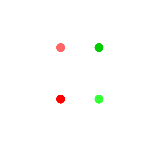 Large red and green dots differentiated by hue, or not